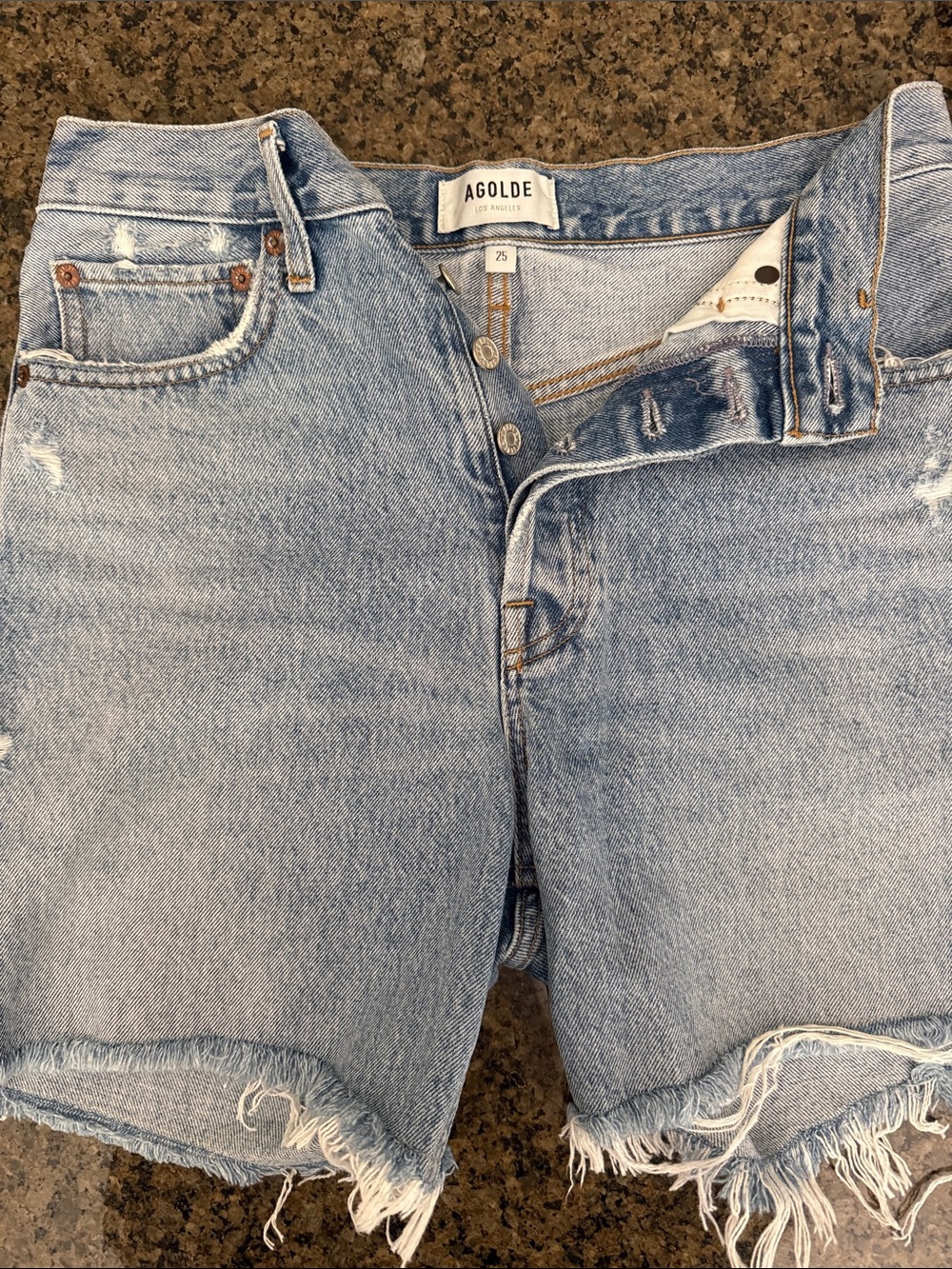 Agolde Light Blue Distressed High-Rise Jean Shorts